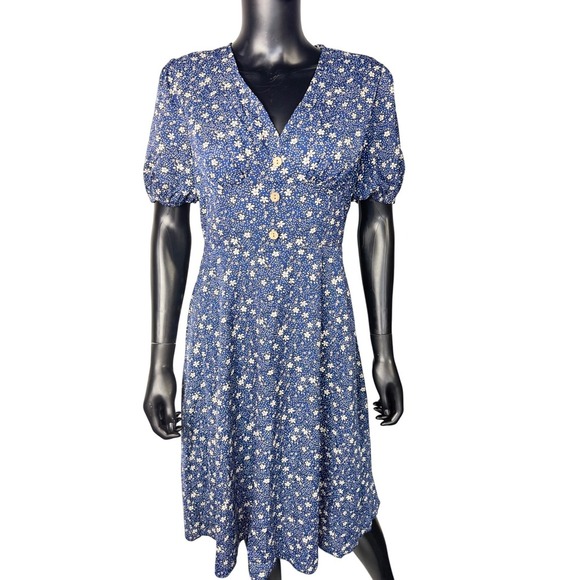 droimp Dresses & Skirts - Droimp Blue Floral‎ Print Button Up V Neck Short Sleeve Midi Dres M